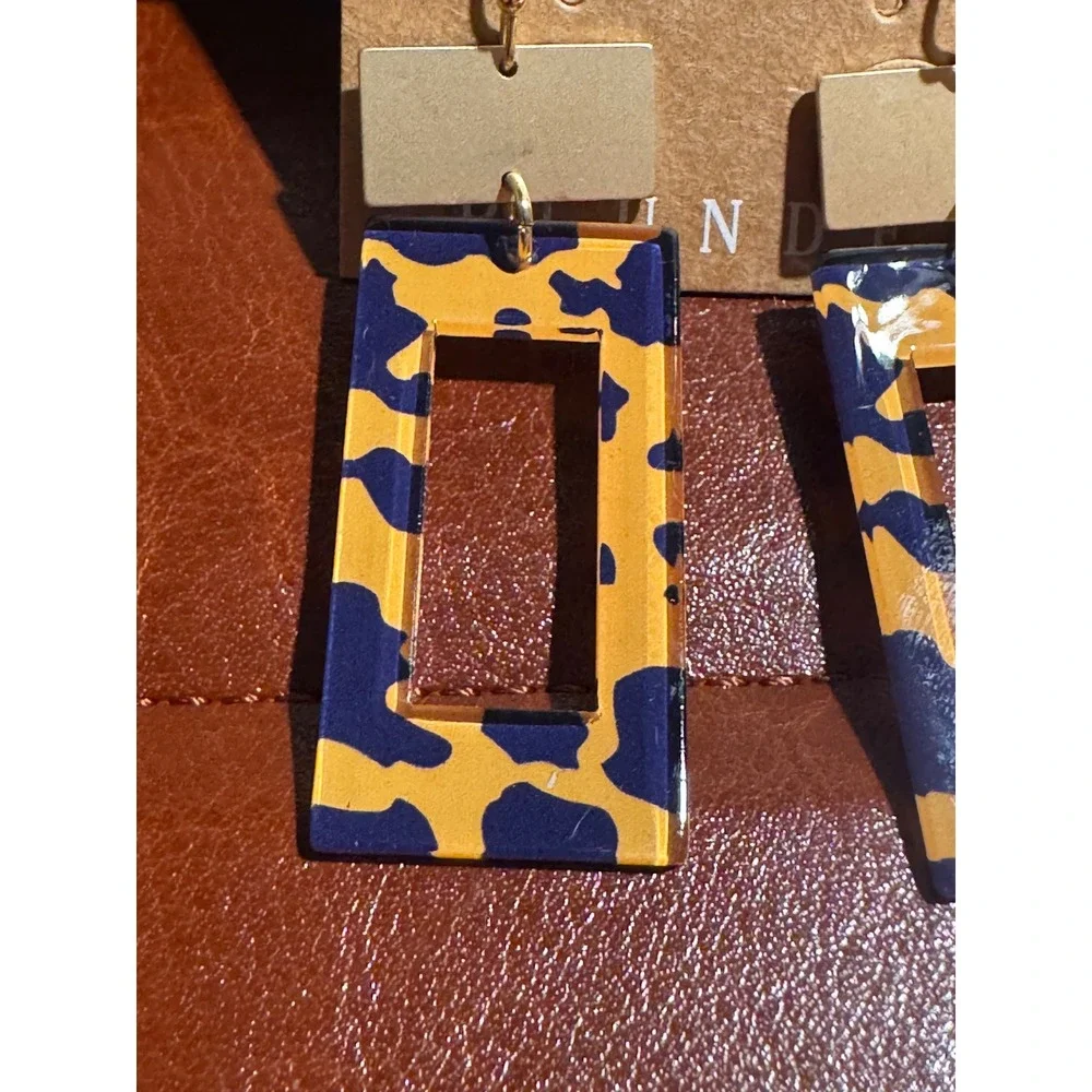 Plunder Design Navy Mustard Yellow Animal Print Acrylic Rectangle Drop Earrings - Picture 2 of 2